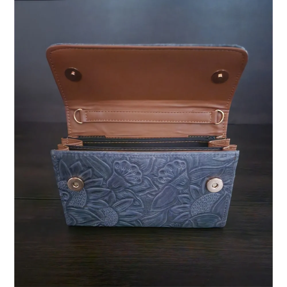 Light Blue Gray Sunflower Embossed Tooled Artisan LEATHER Crossbody Bag Purse - Picture 10 of 15